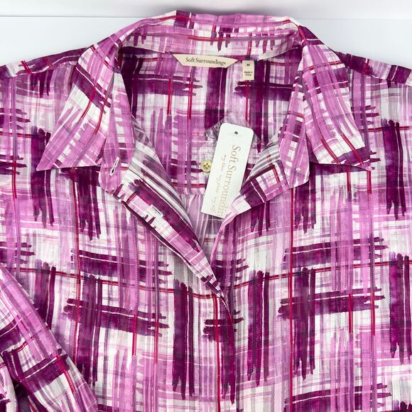 NEW Soft Surroundings M Absent Magenta Pink Metallic Sheer Button Porta Shirt - Picture 5 of 13